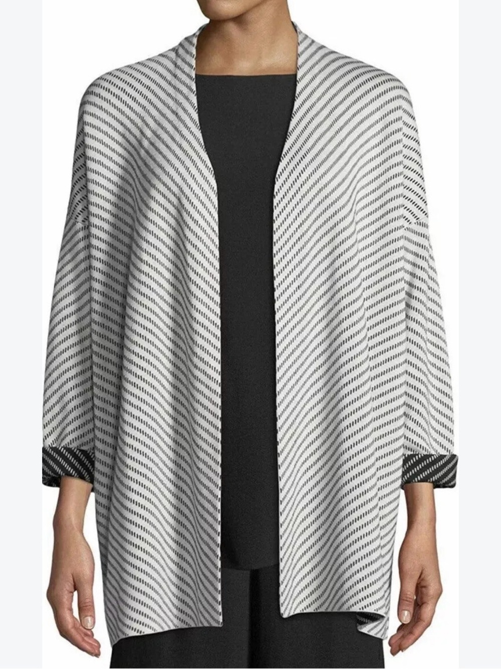 Eileen Fisher Bone & Black Silk & Organic Cotton Knit Optic Cardigan, large
